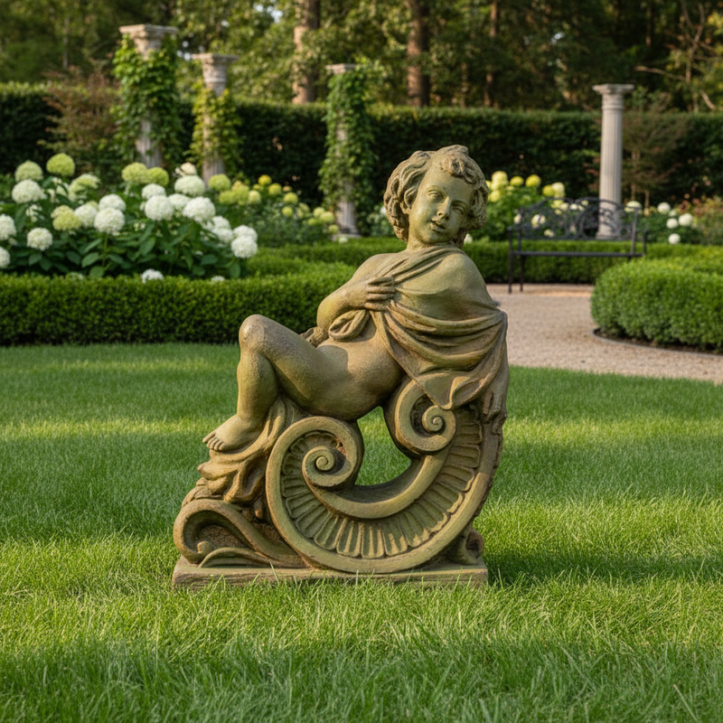 Winter Angel On Scroll Statue (36 - Inch) Side Angle