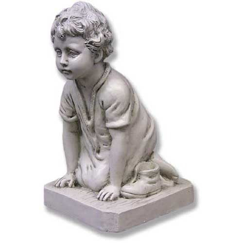 Kneeling child statue with curly hair and detailed robe, featuring classical old world European and Renaissance-inspired ornate design.
