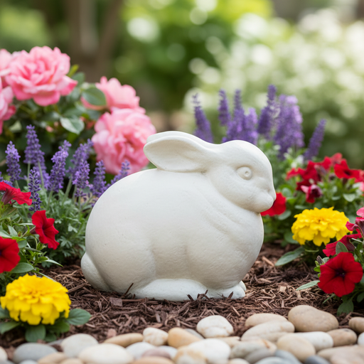 Sculpted rabbit figurine with rounded form and subtle detailing, inspired by old world European and classical garden statuary. Side Angle