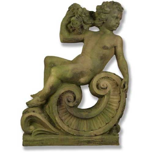 Cherub statue in classical Baroque style, seated on an ornate scroll with floral accents and intricate detailing.