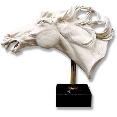 Horse head sculpture with flowing mane, classical Renaissance style, ornate detailing, mounted on a pedestal base.