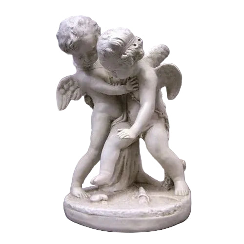 Two cherubs in a playful embrace, featuring ornate Baroque detailing and classical old world European sculptural style.