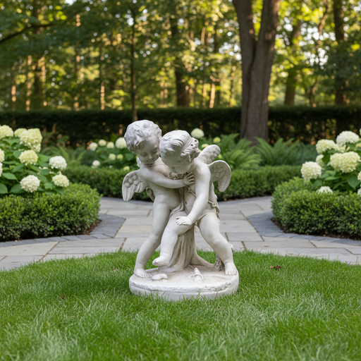 Two cherubs in a playful embrace, featuring ornate Baroque detailing and classical old world European sculptural style. Side Angle