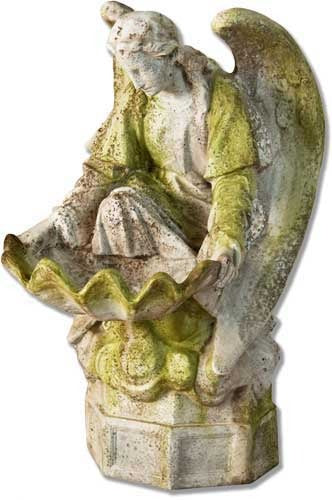 Kneeling angel holding a large scalloped shell bowl. Outdoor Statue (32 - Inch)