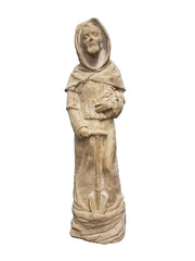 Hooded medieval monk statue holding a book and spade, featuring classical old world European and Gothic detailing