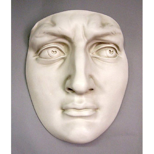 Classical Renaissance-style sculpted face mask with expressive, furrowed brows and wide, detailed eyes featuring heart-shaped pupils.