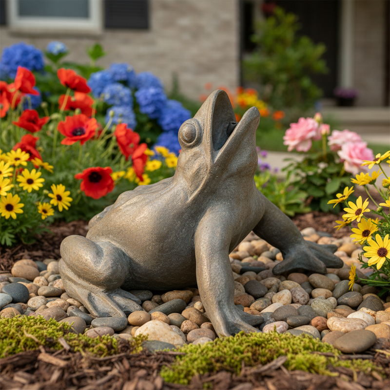 Baroque-style ornate frog sculpture with detailed features and expressive posture, evoking old world European charm. Side Angle
