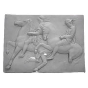 Classical Greek bas-relief depicting two riders on horseback in flowing robes, featuring ornate and detailed Renaissance style.