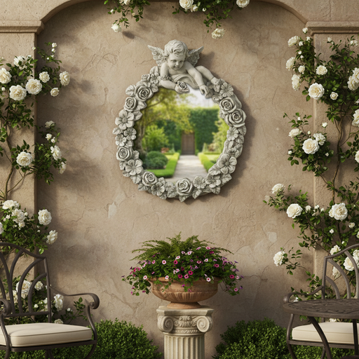 Baroque-style round mirror with ornate floral frame and cherub figure resting atop, evoking old world European elegance. Side Angle