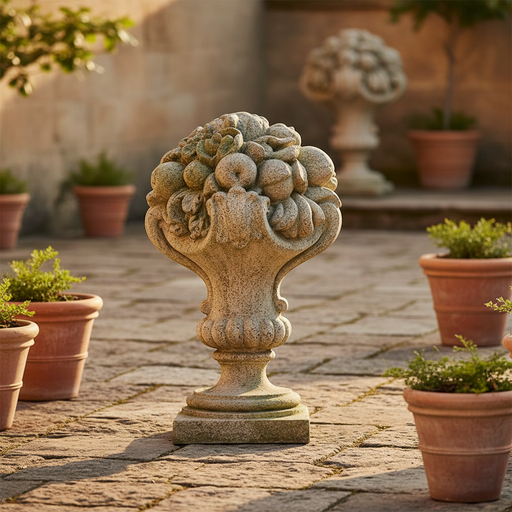 Ornate Baroque urn overflowing with sculpted fruit, featuring classical detailing and weathered old world European style. Side Angle