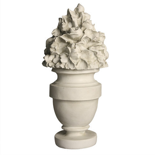 Ornate classical urn finial with intricate Baroque floral detailing and old world European sculptural design.