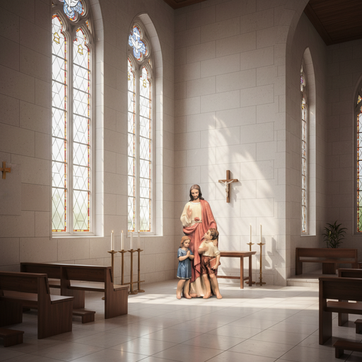 Jesus figure in classical Renaissance style with two children, one praying and one holding a book, featuring ornate detailing. Side Angle