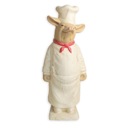 Chef pig figurine in classical European style, wearing a chef hat, apron, and red neckerchief with an old world whimsical theme.
