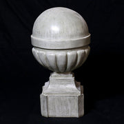 Ornate old world European finials with classical rounded tops and fluted bases, displayed in three graduated sizes on square pedestals. Side View