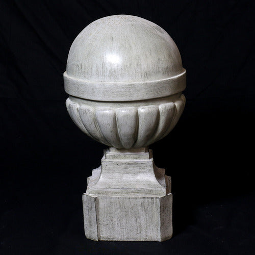 Ornate old world European finials with classical rounded tops and fluted bases, displayed in three graduated sizes on square pedestals. Side View