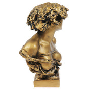 Bust of a woman with expressive face and flowing hair, featuring ornate, classical old world European sculptural details. Different Angle