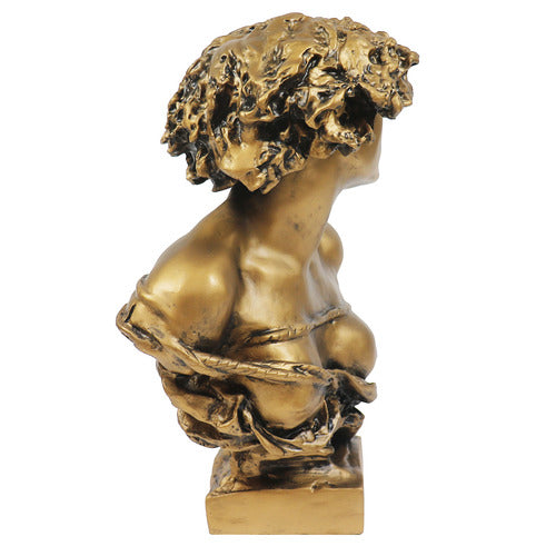 Bust of a woman with expressive face and flowing hair, featuring ornate, classical old world European sculptural details. Different Angle
