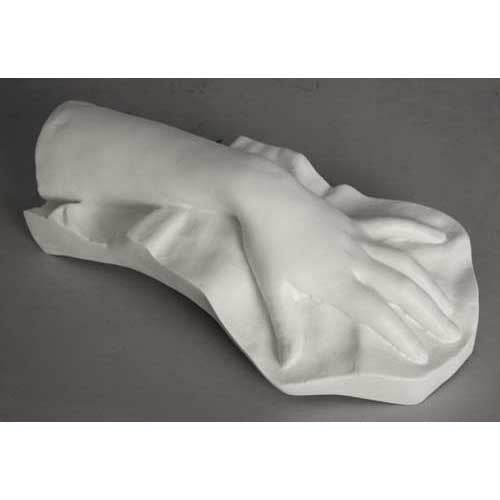 Classical Renaissance-style sculpted hand resting on draped fabric, featuring realistic, ornate detailing and elegant contours.