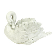 Swan planter with detailed feathers, sculpted in an old world European style with classical, ornate accents and graceful curves. Side Angle