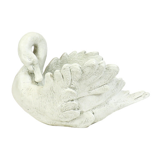 Swan planter with detailed feathers, sculpted in an old world European style with classical, ornate accents and graceful curves. Side Angle
