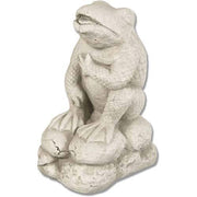 Frog statue with classical old world European style, ornate detailing, and a medieval-inspired pose atop textured stone base.