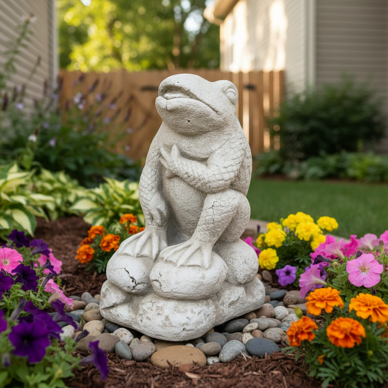 Frog statue with classical old world European style, ornate detailing, and a medieval-inspired pose atop textured stone base. Side Angle