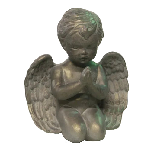 Kneeling cherub angel with detailed wings and praying hands in an ornate, old world European classical style.