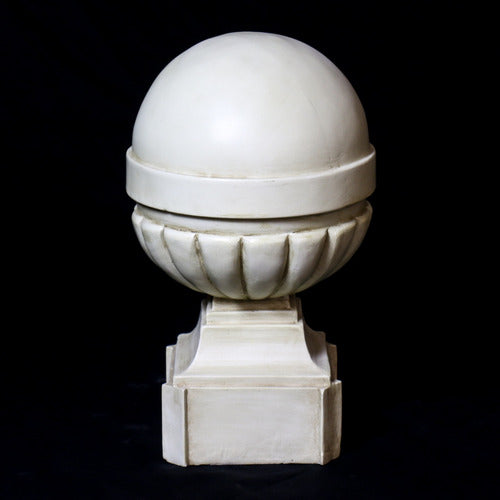 Ornate old world European finials with classical rounded tops and fluted bases on square pedestals in three graduated sizes. Side View
