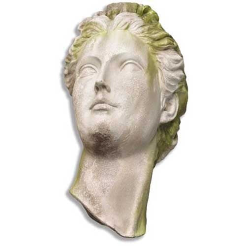 Classical Greek-style sculpted head with serene expression and ornate hair, evoking old world European and Renaissance artistry.