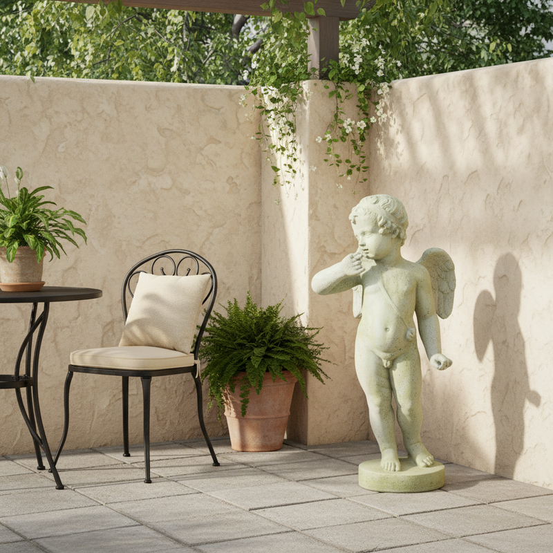 Winged Cherub Outdoor Statue (30 - Inch) Side Angle
