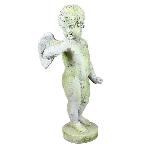 Standing winged cherub with a thoughtful facial expression and hand to chin on a square pedestal.