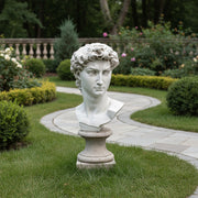 Classical Renaissance bust with intricate curls and strong features, inspired by old world European sculpture. Side Angle