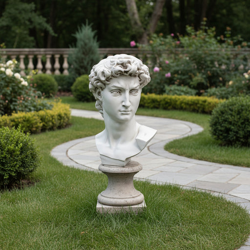 Classical Renaissance bust with intricate curls and strong features, inspired by old world European sculpture. Side Angle