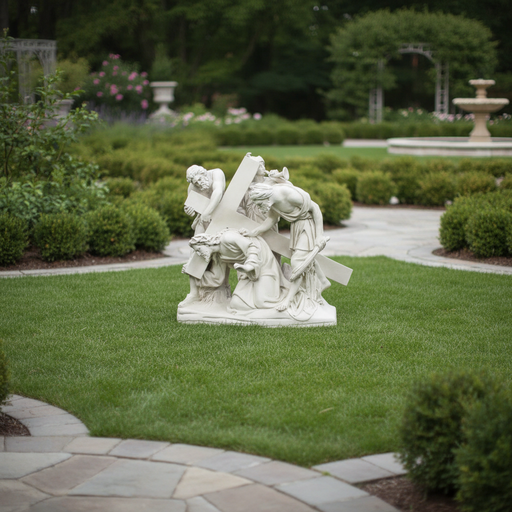 Baroque-style sculpture depicting three figures aiding a kneeling Christ carrying a cross, with dramatic, ornate detailing. Side Angle