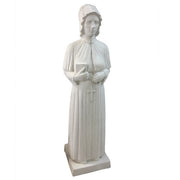 Classical European statue of a robed woman holding a book and cross, featuring ornate, old world detailing and serene expression.