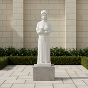 Classical European statue of a robed woman holding a book and cross, featuring ornate, old world detailing and serene expression. Side Angle