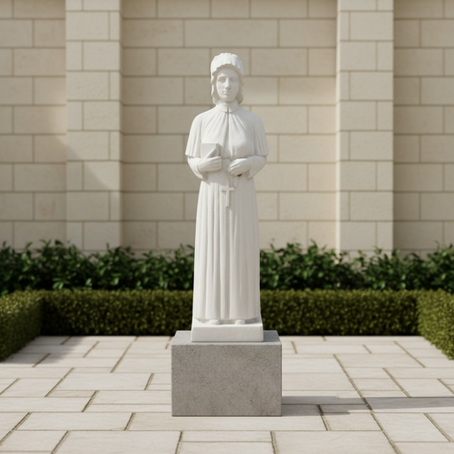 Classical European statue of a robed woman holding a book and cross, featuring ornate, old world detailing and serene expression. Side Angle