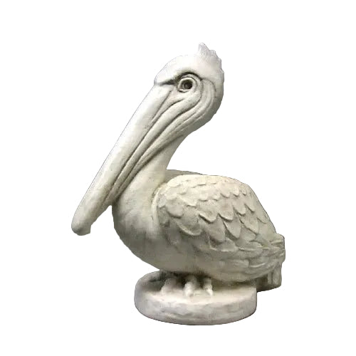 Pelican statue with detailed feathers and ornate features in an old world European classical style on a round base.
