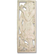 Classical relief panel featuring a nude figure playing panpipes amid ornate floral motifs in an old world European style.