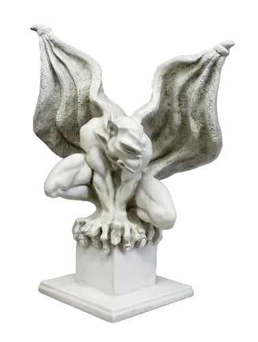 Gothic gargoyle statue with outstretched wings, crouching posture, and ornate, medieval-inspired detailing on a square pedestal.