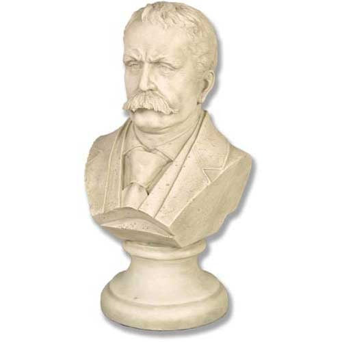Classical old world European bust of a distinguished gentleman with a mustache, ornate suit details, and Renaissance-inspired style.