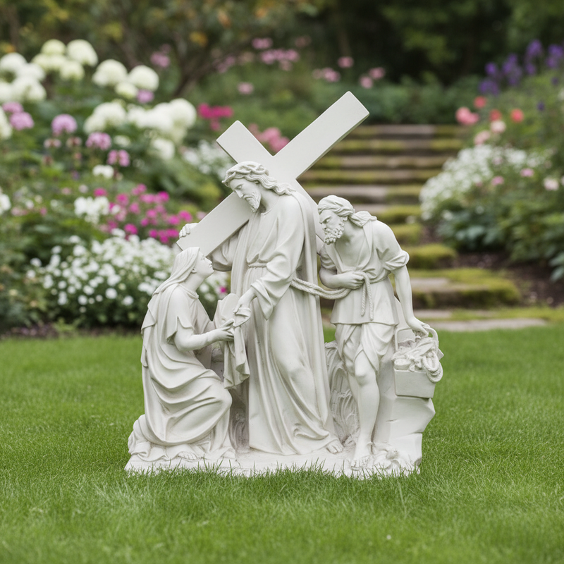 Jesus carrying a cross in a classical, old world European style scene with two figures, featuring ornate, Renaissance-inspired details. Side Angle