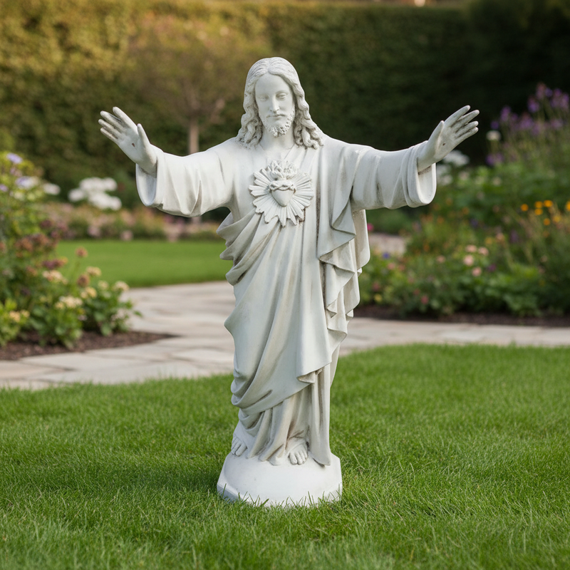Jesus statue with outstretched arms, classical Renaissance style, ornate detailing, flowing robes, sacred heart motif on chest. Side View