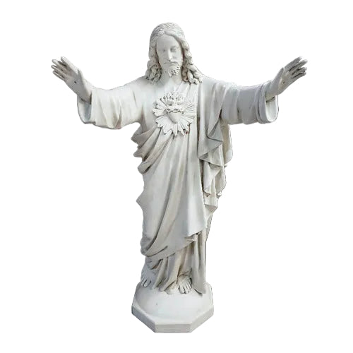 Jesus statue with outstretched arms, classical Renaissance style, ornate detailing, flowing robes, sacred heart motif on chest.
