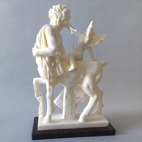 Centaur and cherub sculpture in classical Greek style with ornate, detailed features and dynamic, old world European composition. Side View