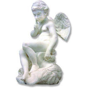 Cherub statue in classical Renaissance style, seated with finger to lips, detailed wings, and ornate old world European design.