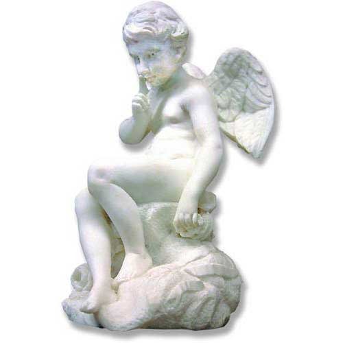 Sitting winged cherub with a finger to its lips in a "shushing" pose on a cloud-like base.