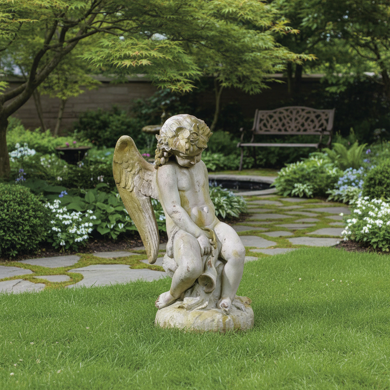 Sitting Winged Cherub With A Horn. Outdoor Statue (34 - Inch) Side View