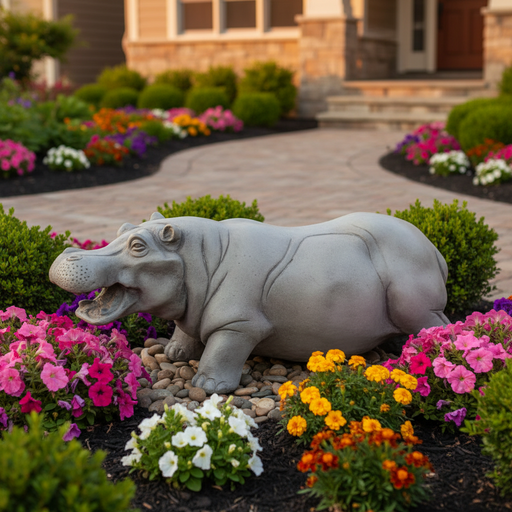 Hippo sculpture with open mouth, featuring classical old world European style and subtle ornate detailing along the body. Side Angle