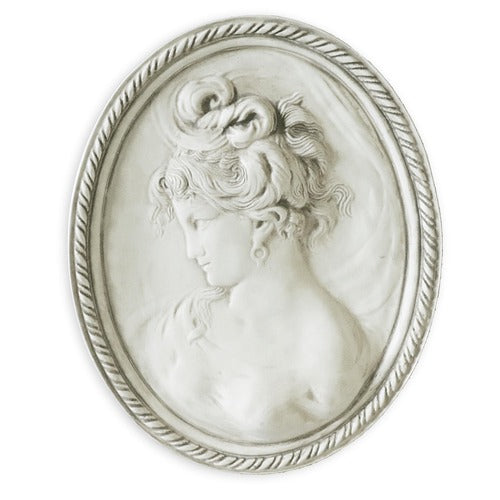 Classical oval cameo relief of a woman in profile with ornate hairstyle, featuring old world European and Renaissance detailing.
